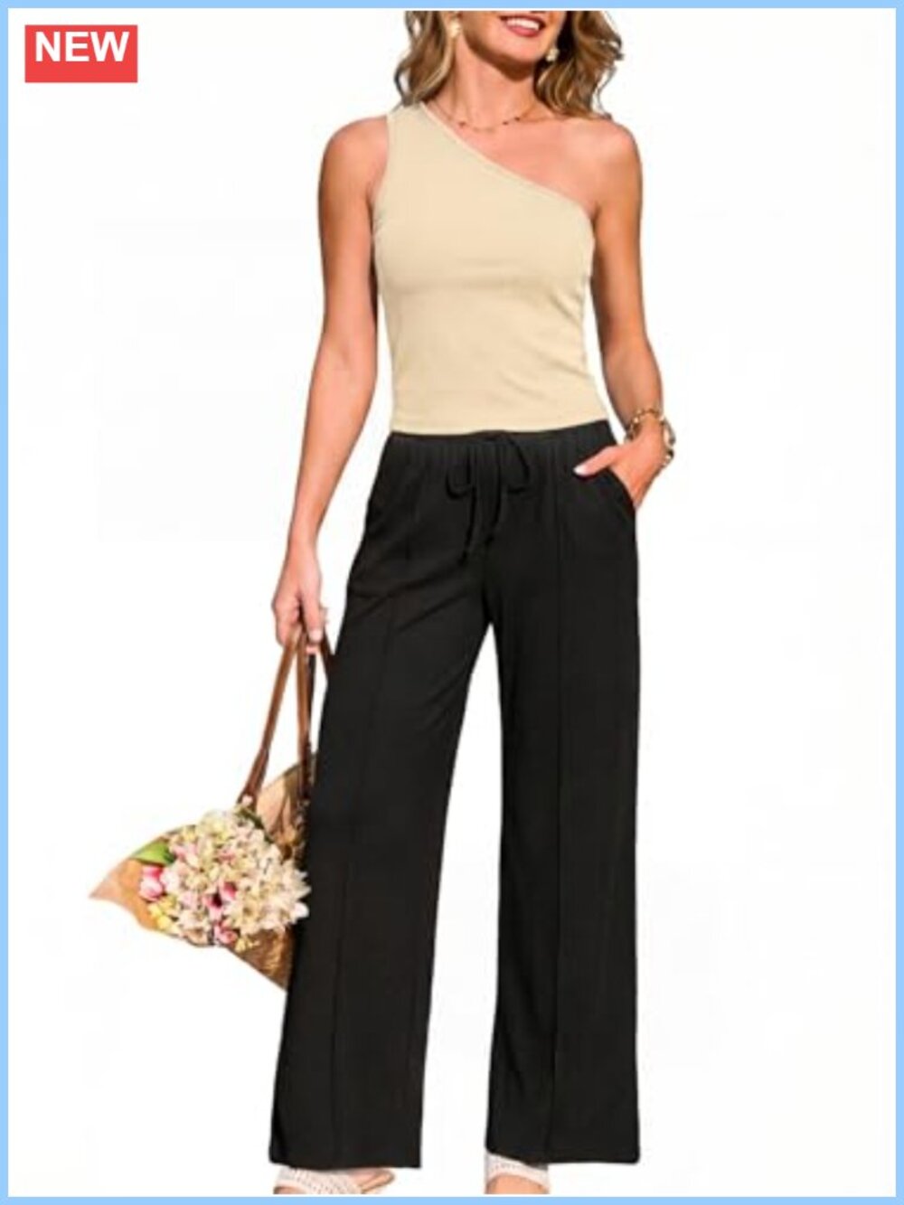 Ribbed Knit One Shoulder Top & Wide Leg Pants 2 Piece Lounge Set